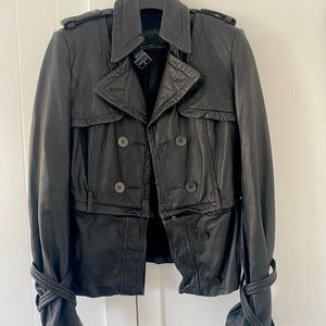ALL SAINTS Black Leather Jacket Zip Off Crop Style w/ Straps  Snap Detail US 6